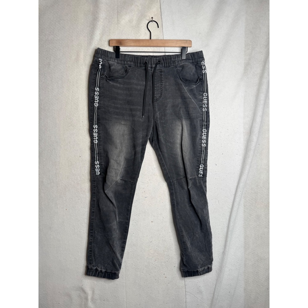 Guess Los Angeles Mens Faded Black Logo Tape Jogger Jeans Drawstring Waist 34x29